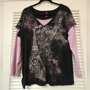 Gitano - (Plus-Size) Y2K Vintage Paris Graphic Long-Sleeve Top W Studded Jewels